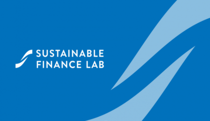 A picture of a blue background with Sustainable Finance Lab written on it in white.